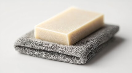 A minimalistic and serene composition featuring a natural soap bar resting on a soft, folded gray towel, ideal for spa and wellness themes