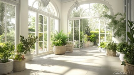 Fototapeta premium Bright and airy greenhouse interior filled with lush greenery and comfortable seating for relaxation and serenity