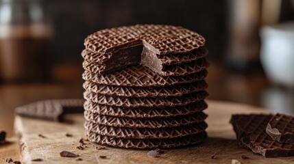 Delicious Chocolate Wafer Stacks on Wooden Board Background