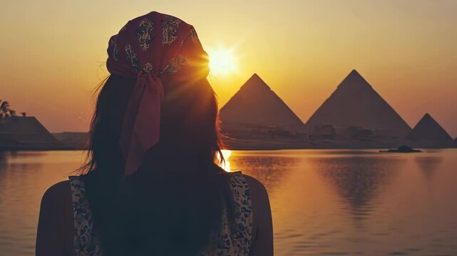 Sunset view of pyramids with person in foreground showcasing a stunning silhouette against the golden sky