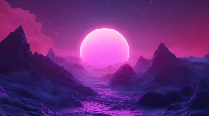 Fototapeta premium Vibrant Pink Moon Rises Over Enchanting Mountains: Digital Painting in a Futuristic Style. AI Generated