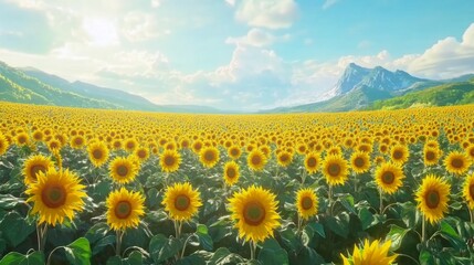 Fototapeta premium Sunlit sunflower field, scenic mountain backdrop.