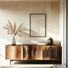 Minimalist interior design, Scandinavian-inspired living room, wooden sideboard with wavy front, large rectangular mirror, dried pampas grass in vase, textured white wall, warm sunlight, shadow play, 