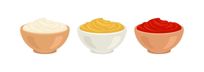 Set of sauces in bowls isolated on white background. Vector cartoon flat illustration of red tomato sauce, mustard and Mayonnaise. 