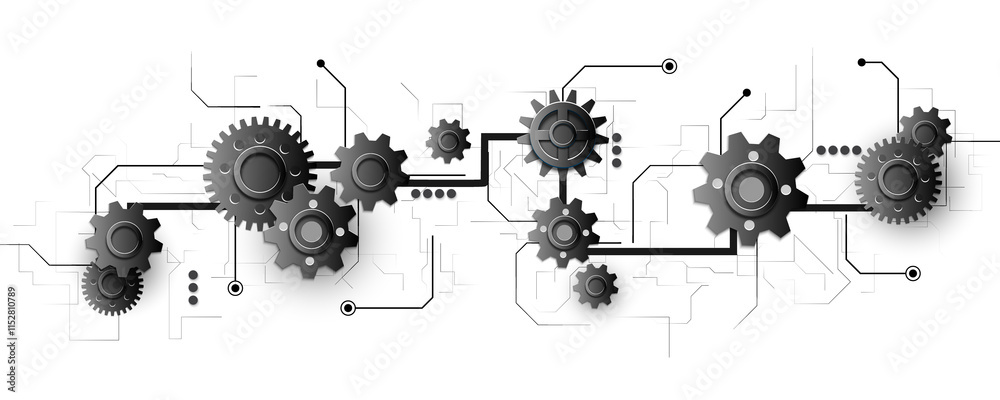 Wall mural technology background image of gears and circuit boards of network communication
