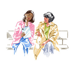 Woman showing things on tablet to her friend 