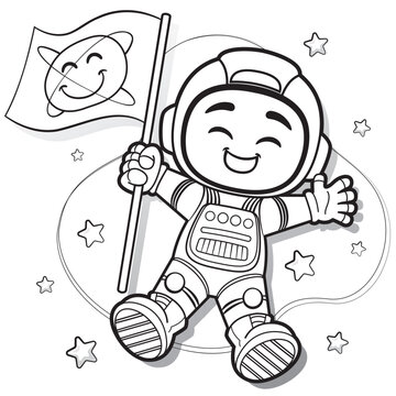 Coloring drawing of a child astronaut in space holding a flag. Ideal for promotional and educational materials