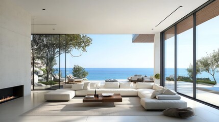 Close up view of luxurious architecture with sea view. Ai generated image