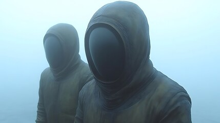 Two mysterious figures in hooded suits stand in a foggy landscape.