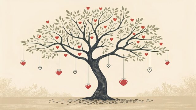 Minimalist Tan Tree with Heart Ornaments - A minimalist illustration of a light tan tree adorned with small red hearts, symbolizing love, growth, family, connection, and hope.