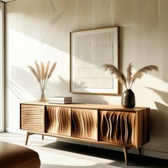 Minimalist interior design, Scandinavian-inspired living room, wooden sideboard with wavy front, large rectangular mirror, dried pampas grass in vase, textured white wall, warm sunlight, shadow play, 