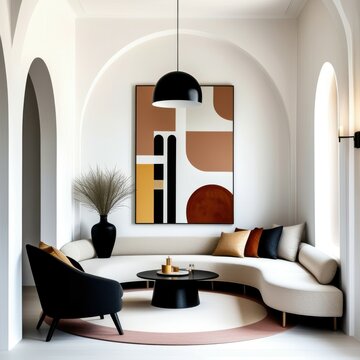 modern minimalist interior, curved white sofa, arched doorways, geometric abstract artwork, black pendant lamp, terracotta and mustard color accents, textured white walls, cozy reading nook, black acc