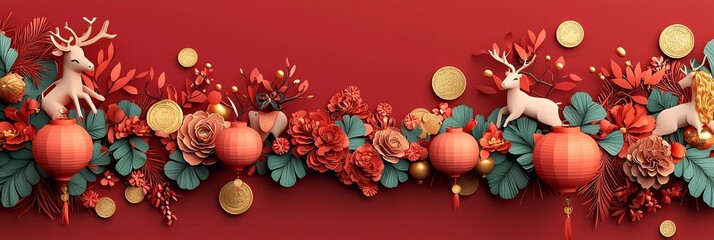 Fototapeta premium Chinese New Year Wallpaper with Zodiac Paper Cut Animals Golden Coins and Lanterns Layered over a Deep Crimson Background