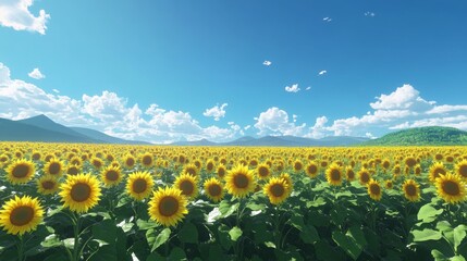 Obraz premium Vibrant sunflower field under a sunny sky with distant mountains.