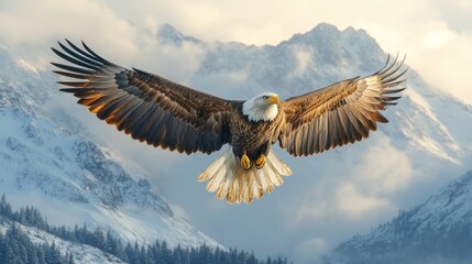 A majestic eagle soars over snow-capped mountains, showcasing nature's beauty and power.