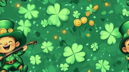 Naklejka premium A cheerful leprechaun dancing joyfully with a fiddle, wearing a vibrant green suit and a golden-buckled hat, surrounded by glowing clovers and golden coins,