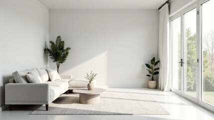Serene Minimalist Living Room Interior Design with Sunlight Streaming Through Floor-to-Ceiling Windows and Neutral Color Palette