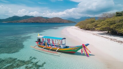 Colorful Traditional Boat on Serene Beach with Clear Water and Sky