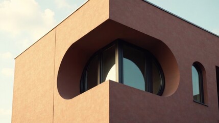 Architectural Detail of a Modern Building with Unique Window Design Featuring a Rounded Corner and Textured Walls