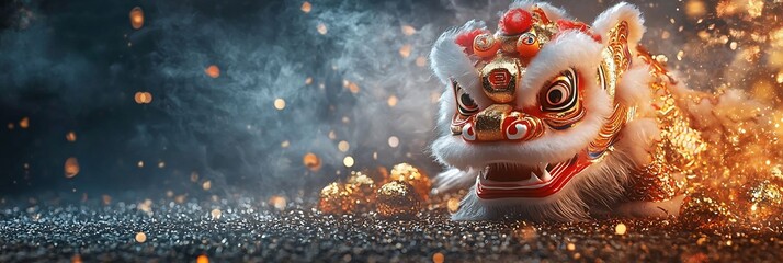 Majestic Chinese New Year Lion Dance Performer in Motion with Vibrant Firecrackers and Shimmering Golden Sparkles in the Background Celebrating the Festive and Auspicious Traditional Holiday