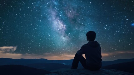 Obraz premium Close up of Young Man sitting looking at the Wide Starry Night Sky. Ai generated image