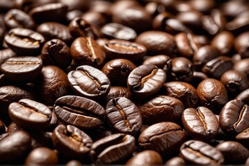 Fototapeta premium a close up of a pile of coffee beans with a brown background