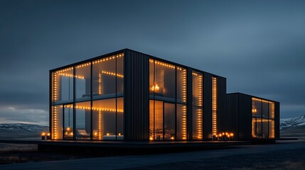 Obraz premium Modern glass architecture illuminated at twilight, showcasing contemporary design in an isolated landscape