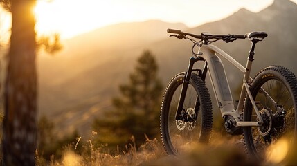 Obraz premium An elevated electric mountain bike parked on a scenic hillside at sunset, showcasing the perfect blend of adventure and technology in nature.