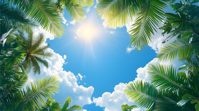 blue sky with white clouds and palm leaves in the background