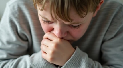 A close-up of a person coughing into their elbow