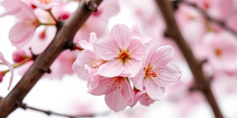 Bright pink cherry tree flowers blooming on a white isolated background close up, petals, close-up
