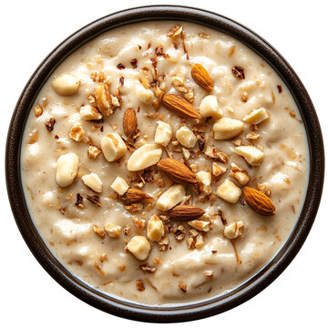 Top view of an extremely perfect looking Basundi in a dark bowl isolated on a white transparent background