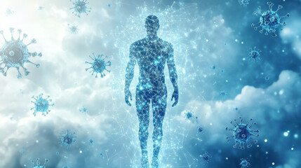 Stylized human figure surrounded by abstract virus particles, representing health and disease. image conveys sense of vulnerability and resilience in face of illness