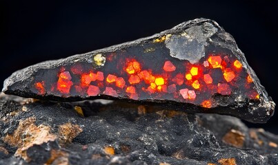 Red crystals embedded in black rock specimen.