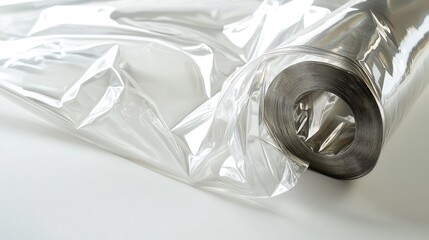 Transparent plastic wrap rolled out over a white surface, showing the glossy texture and thin material in detailed focus.
