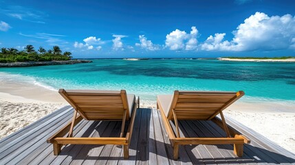 Relaxing Beachfront Scene with Loungers and Tropical Waterscape