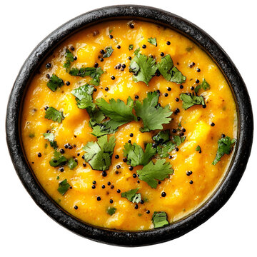 Top view of an extremely perfect looking Aamras in a dark bowl isolated on a white transparent background