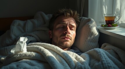 Fototapeta premium European man lying in bed, wrapped in a blanket, looking tired and sick, with tissues and a cup of tea nearby