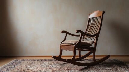 Wooden rocking chair placed on a cozy rug with a plain, neutral-colored background, emphasizing the chaira design.