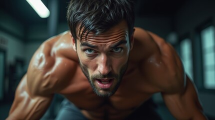 European man&rsquo;s face covered in sweat, focused expression, intense workout in a gym