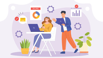 An illustration depicting teamwork in modern digital marketing campaigns, with diverse professionals collaborating around digital devices, analyzing data, social media platforms, and marketing strateg