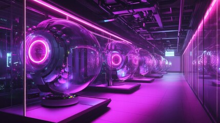 Naklejka premium A highly automated futuristic stock ball factory, neon accents and advanced robotics 