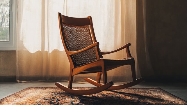 Wooden rocking chair placed on a cozy rug with a plain, neutral-colored background, emphasizing the chaira design.