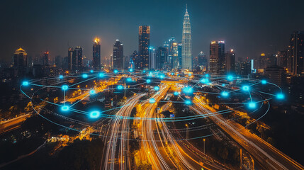 Fototapeta premium Smart digital city with connection cyber security network reciprocity over the cityscape . future smart wireless digital city and social media networking systems that connects people within the city