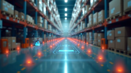 Fototapeta premium Smart warehouse management system using augmented reality technology to identify package picking and delivery . Future concept of supply chain and logistic busines