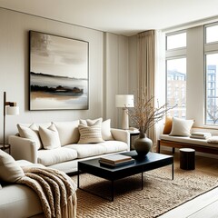 Fototapeta premium Elegant living room interior, neutral color palette, beige sofa, large abstract landscape painting, floor-to-ceiling windows, warm lighting, textured area rug, modern coffee table, decorative vase wit