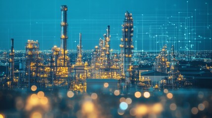 Fototapeta premium Illuminated industrial refinery at night with digital network overlay.