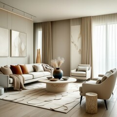 Modern living room, neutral tones, curved sofa, round coffee table, abstract wall art, large windows, sheer curtains, circular rug, minimalist design, natural light, cozy atmosphere, sculptural decor,