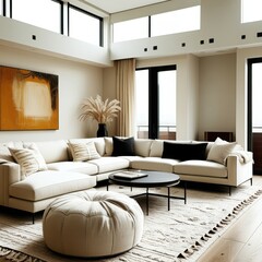 modern luxurious living room, curved cream sectional sofa, circular black coffee table, large abstract orange and gold painting, white brick walls, track lighting, plush area rug, minimal decor, overs