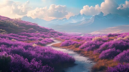 Serene landscape with purple wildflowers, a meandering stream, and majestic mountains under a vibrant sky.